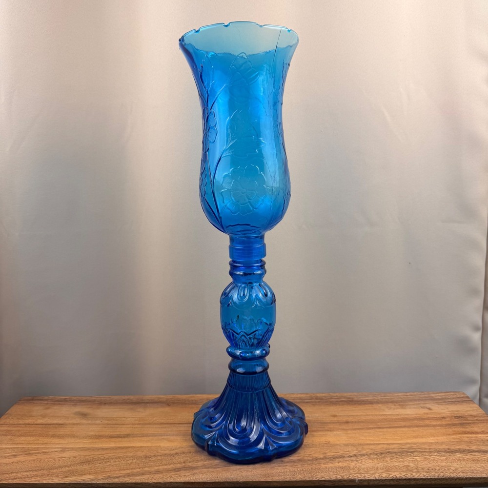 Vintage Blue Glass Hurricane Candle Holder Floral Embossed 2 Piece 18.5 Inch